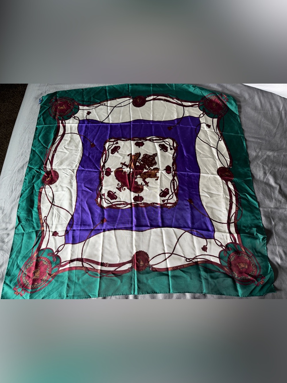 Vintage 1988 Ginnie Johansen Inc Silk Scarf Equestrian Horse Crest Design